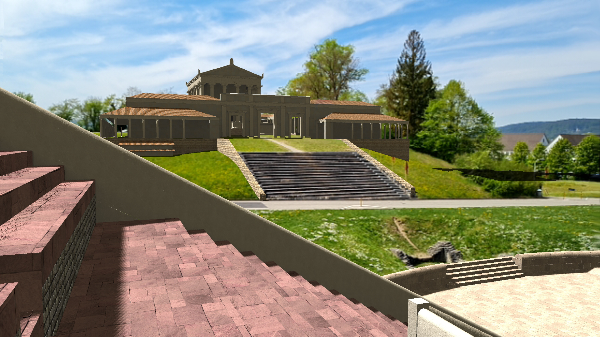 Photo of the Schönbühl hill with a 3D model of the roman temple drawn over it.