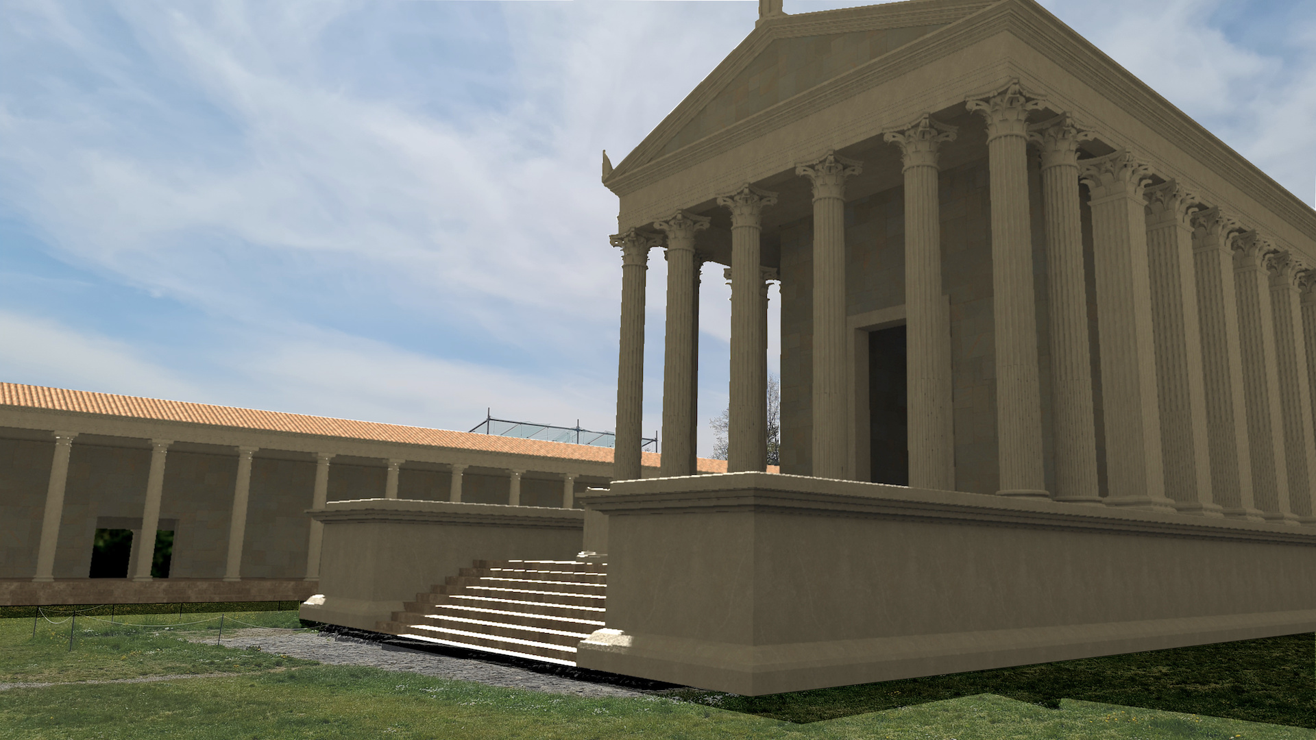 Photo de la coline Schönbühl avec un modèle 3D du temple romain rendu en dessus.