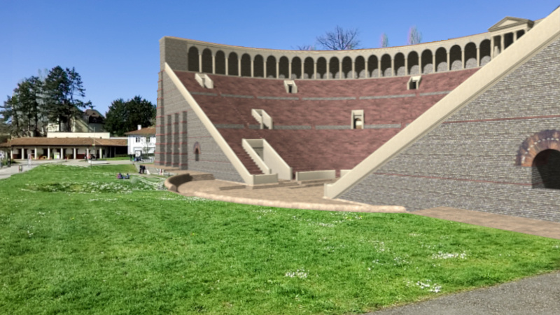 Photo of the 3D model of the roman theatre drawn over it.